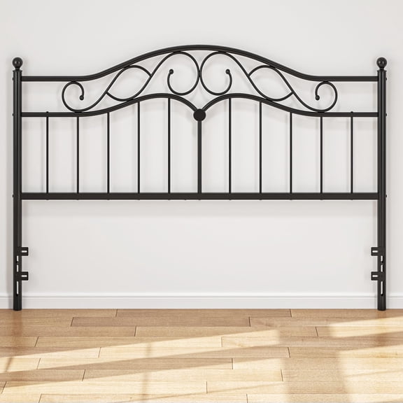 King Size Metal Headboard With Scrollwork Design, Adjustable Height, Black Finish