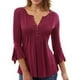 thumbnail image 2 of Blusa elegante con cuello en V y mangas 3/4 acampanadas para mujer, estilo túnica, poliéster, suave, agradable para la piel, transpirable, color rojo vino, talla XL, 2 of 12