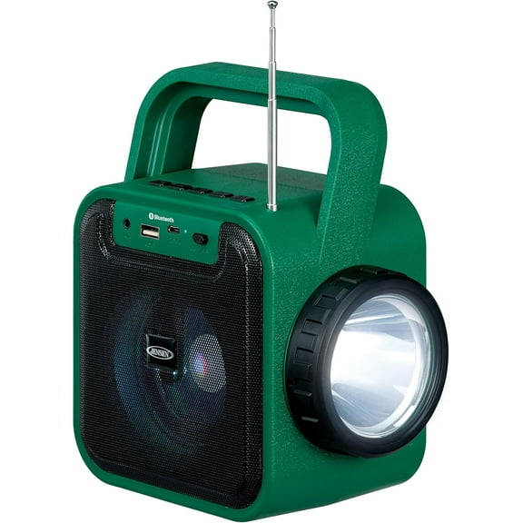 Jensen JEP-175 Portable Bluetooth Rechargeable Speaker with Built-in Emergency USB Charging Port, FM Radio, Flashlight & Solar Charging (Green)