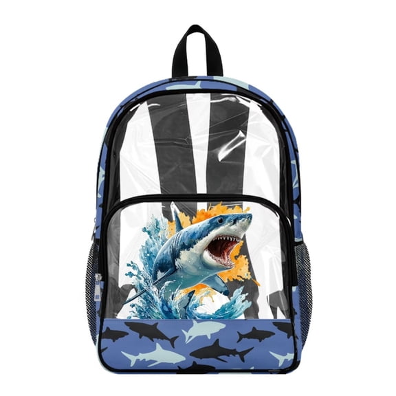 Xoenoiee Shark Fire Wave Print Kids Clear Backpack for Boys See Through Preschool Kindergarten Elementary School Backpack Transparent Bookbag Schoolbag Daypack with Adjustable Padded Straps