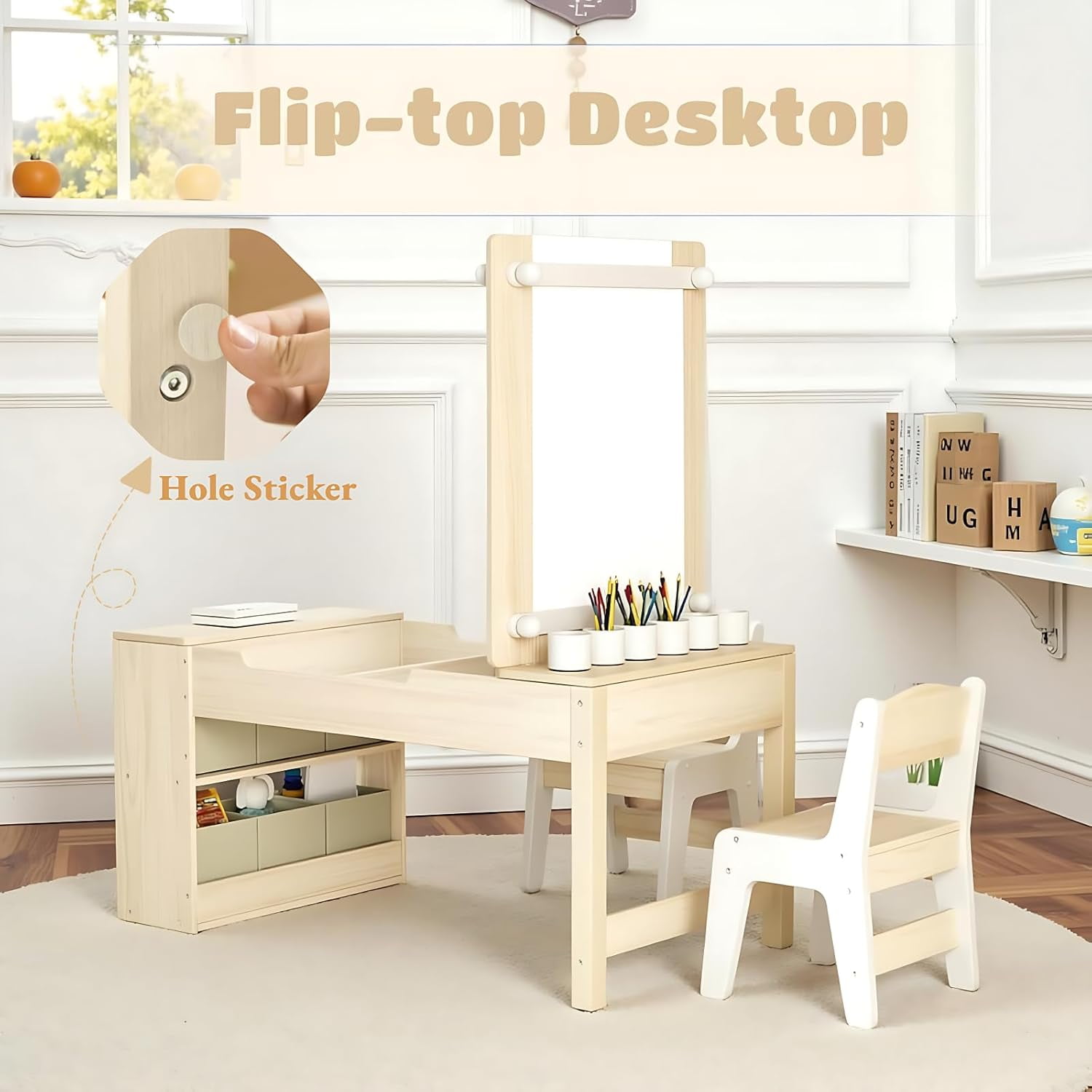 TLSUNNY Kids Art Table and 2 Chairs Set, Toddler Activity Desk with Storage Bins, Paper Roll, Paint Cups, Wooden Craft Table and Chairs Set for Boys & Girls