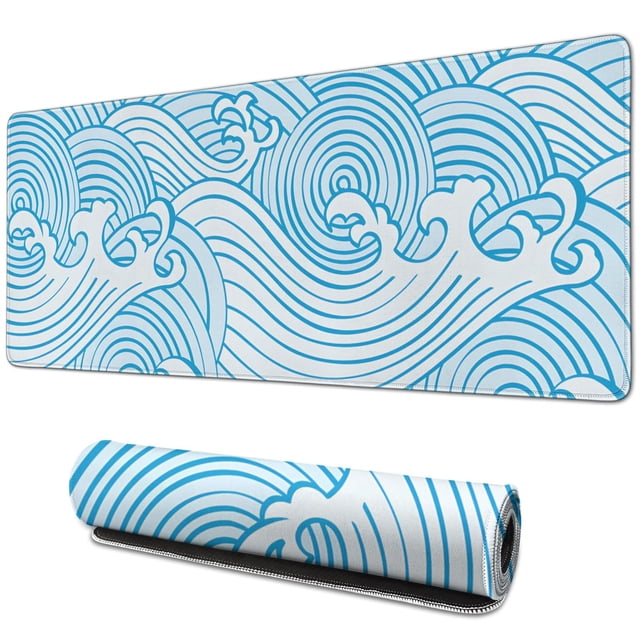 "Japanese Blue Wave Design Gaming Mouse Pad - XL Size with Non-Slip Base, Stitched Edges, Large 31.5 x 11.8 Inch"