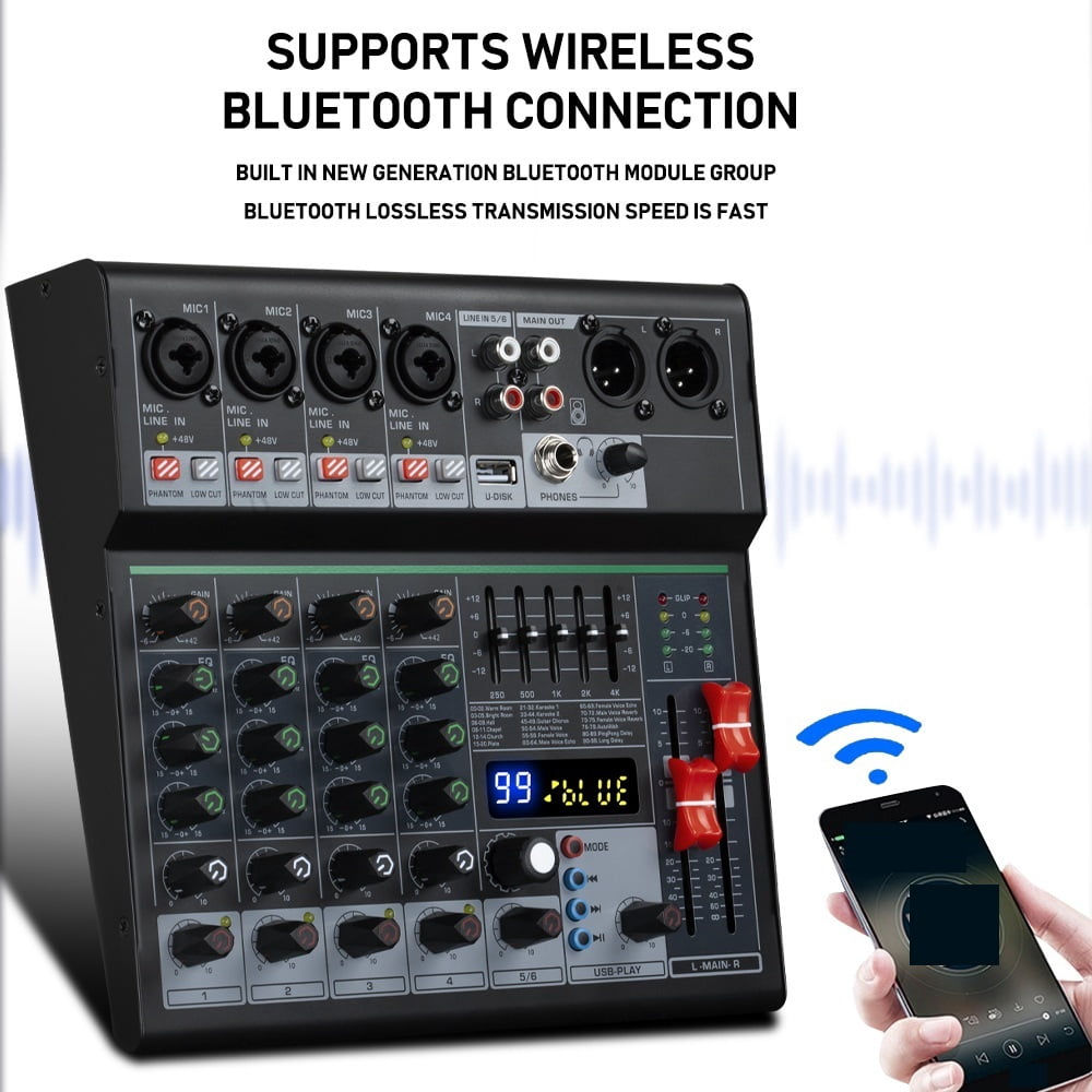 Professional DJ Party Music 6 Channel Mixer Console with Bluetooth USB 99DSP Effect OTG