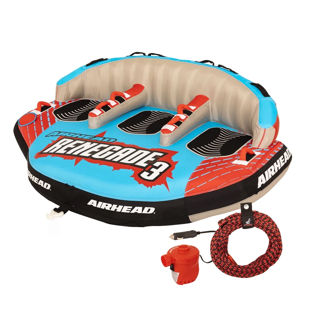Airhead Mach 2 Inflatable 2 Rider Lake Water Towable Tube w/ Tow Rope Buoy Ball 