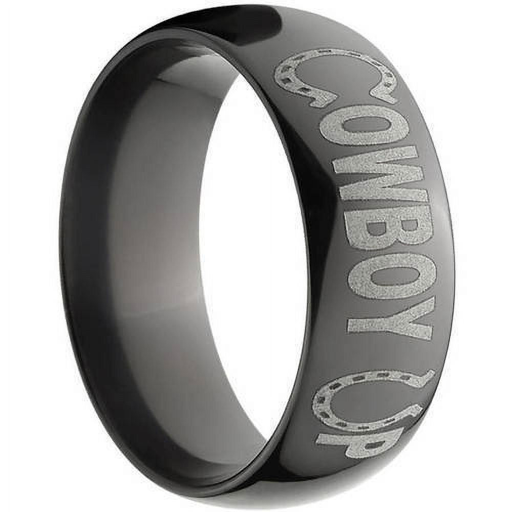8mm Half-Round Black Zirconium Ring with "Cowboy Up" Laser Design