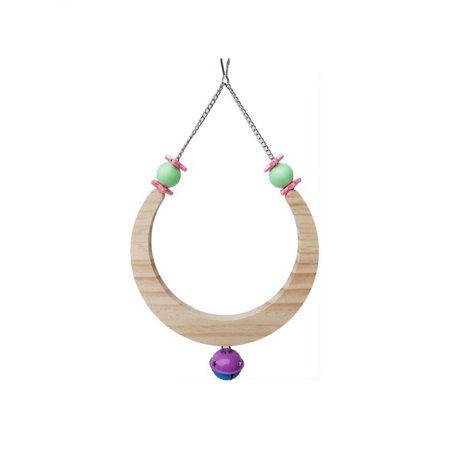 Conure Finches Natural Moon Shape Hanging Wooden Hammock with Bells Parrot Swing Perch Stand Bird Chew Toy B LARGE