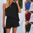 thumbnail image 2 of Xuhomer Summer Dressy Romper For Women One Shoulder Solid Color Wide Leg Short Overalls Casual Business Work Vacation Loose Shorts Outfits, 2 of 7