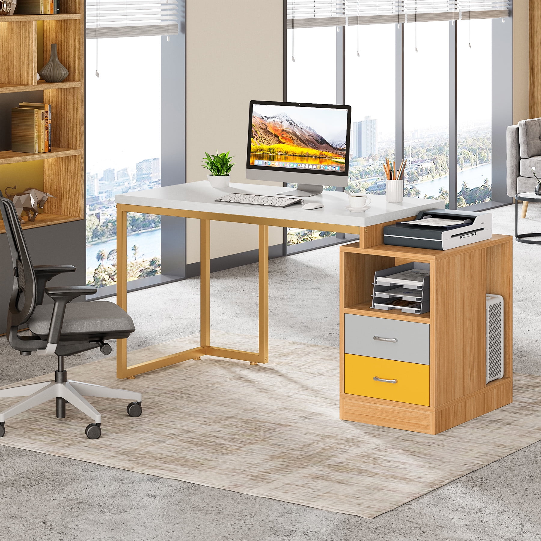 Tribesigns Computer Desk with Two File Drawers, Storage Shelves and CPU