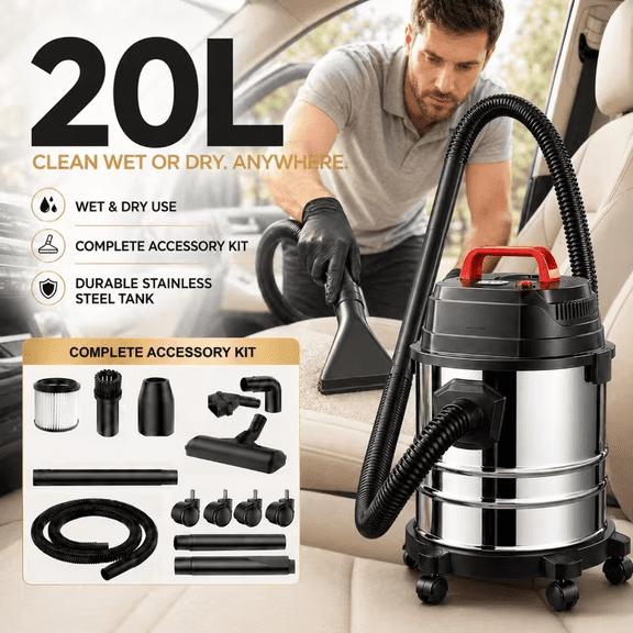 V18000PA Commercial Vacuum Cleaner - 2 Peak HP Suction Power - Lightweight 3-In-1 Wet And Dry Vacuum with Blower Function - Ideal for Cleaning Cars, Boats, Pet Hair, And Hard Floors
