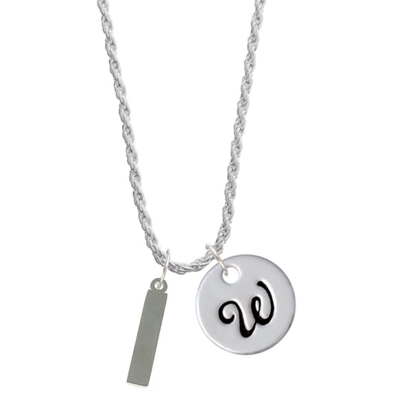 Delight Jewelry Stainless Steel Rectangular Blank Tag - Silvertone Script Initial Disc - W - Charm Necklace, 20"+3"