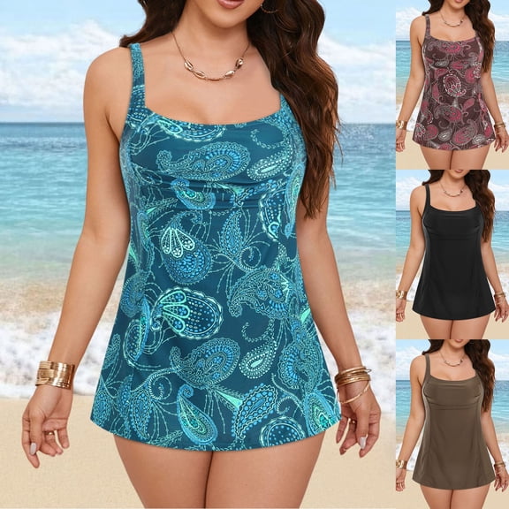 yueewhu Women Bandeau One Piece Skirt Swimsuit Tummy Control Swimdress Swimwear (Black, XL)