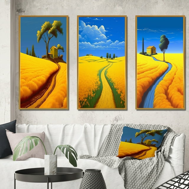 Designart "Golden Fields Blossoming under Deep Blue Sky II" Meadow Framed Wall Art Set Of 3 - Yellow Traditional Frame Gallery Wall Set For Home Decor