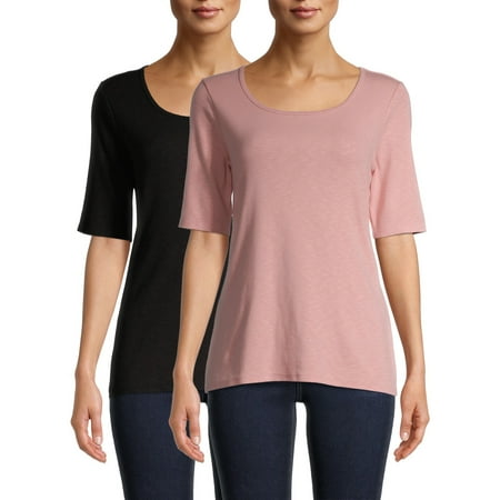 Time and Tru Women's Scoop Neck Elbow Sleeve T-Shirt, 2 Pack