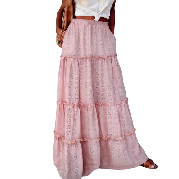 ZToonmas Women's Tiered Ruffle Maxi Skirt Elastic High Waist A-Line Skirt with Pockets and Eyelet for Boho Beach Style