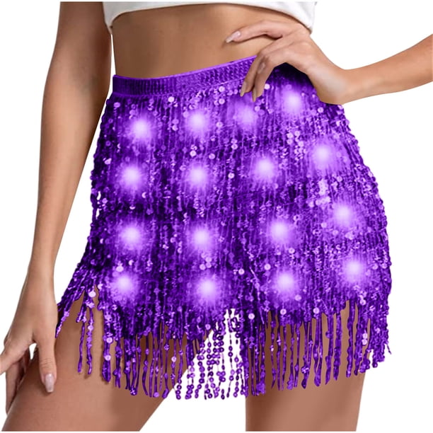 Cadena de cintura para danza del vientre para mujer con cuatro lentejuelas luminosas y borlas, bufanda para falda, bufanda LED de rendimiento, blusa para mujer
