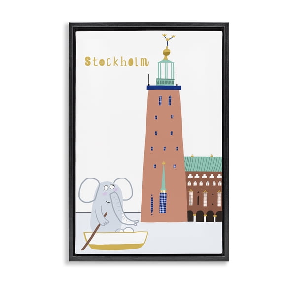 Elephant in Stockholm Boat Black Framed Floater Canvas Wall Art, design by Carla Daly