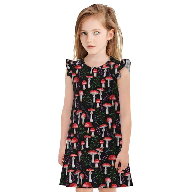 Fotbe Red Mushrooms Vestido de Dormir para Niñas de 3 a 10 Años, Mangas Cortas, Estilo Princesa, Pijama Camisón con Mangas Voladas-XX-Large