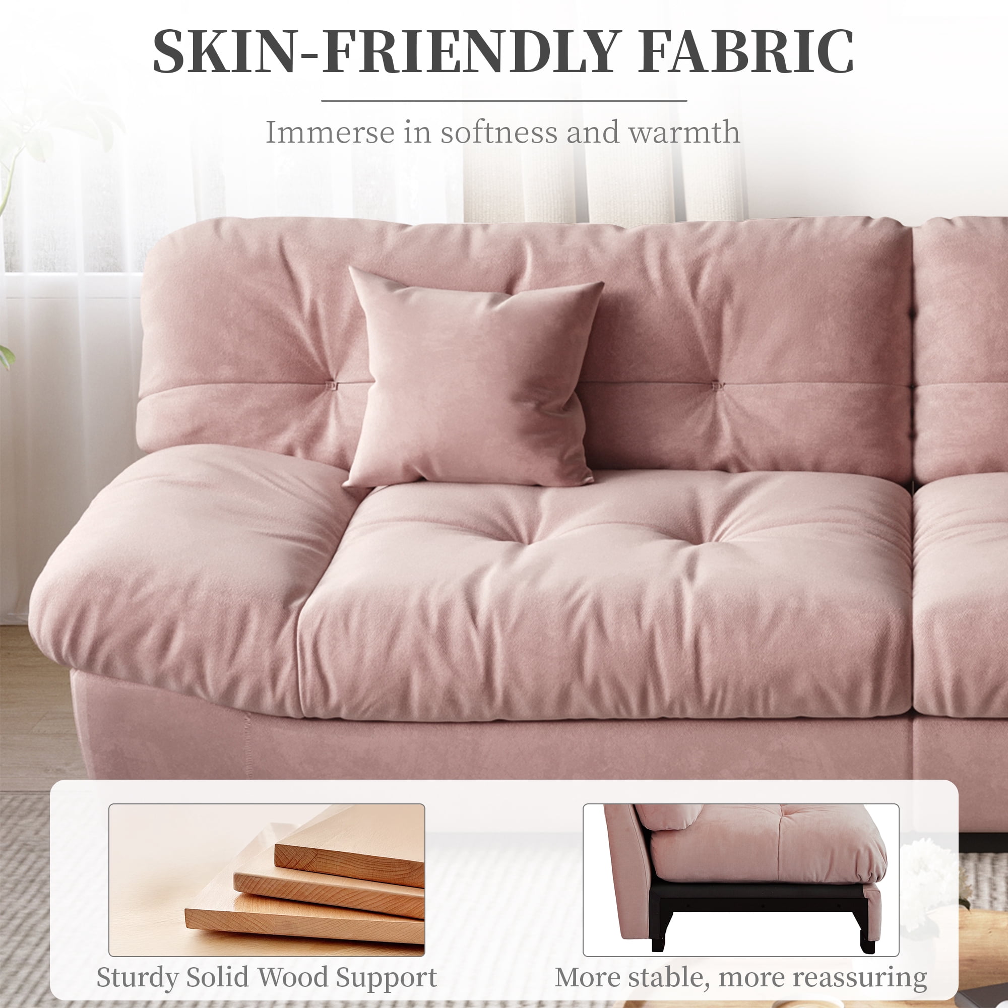 Magic Home 89" Cloud Sofa,Modern Velvet Couch,3-Seat Sofa for Living Room,Apartment and Small Space,Pink