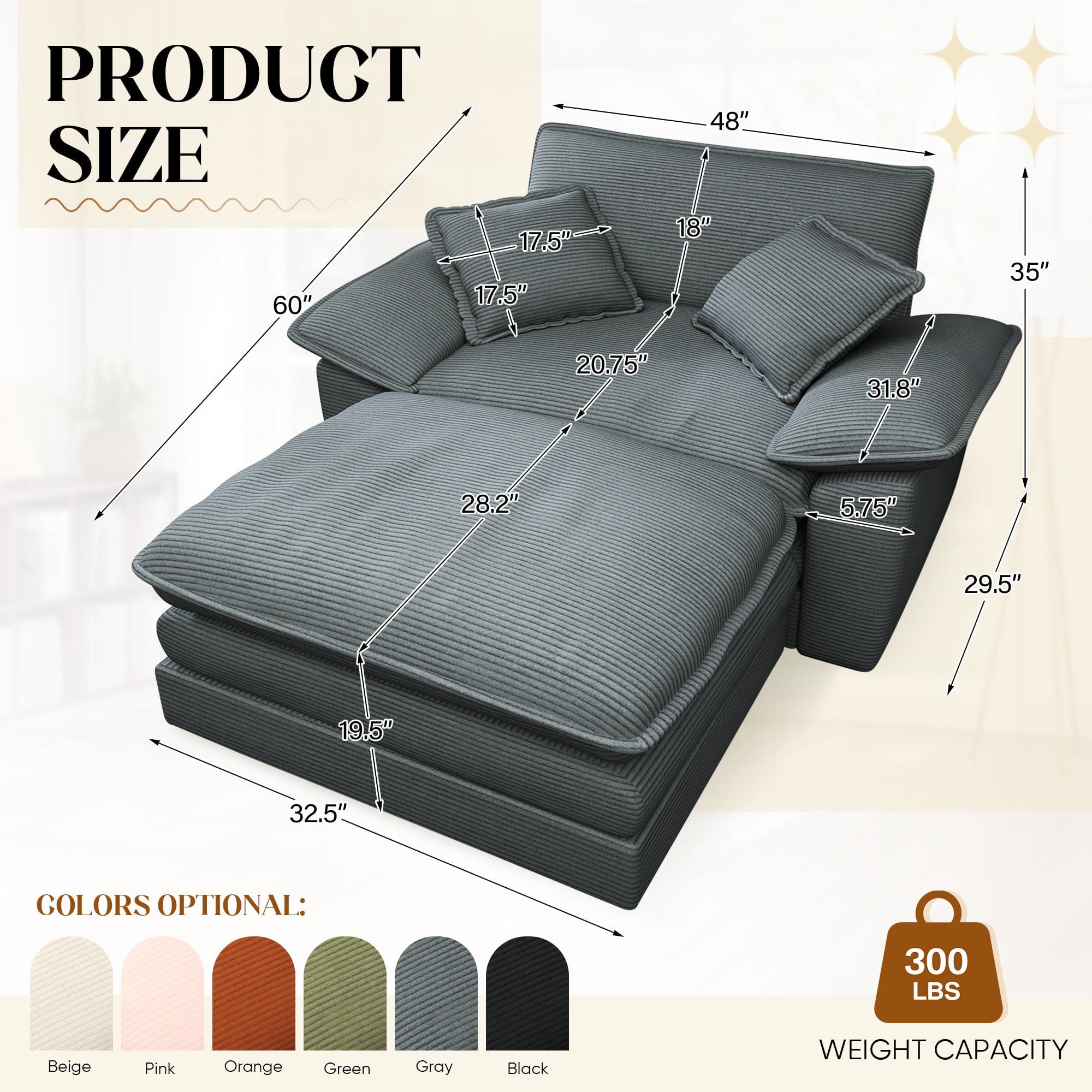 Lunale Oversized Lounge Chair & Ottoman Set - 48" Cloud Corduroy Accent Armchair for Modern Living/Bedroom, Gray Corduroy