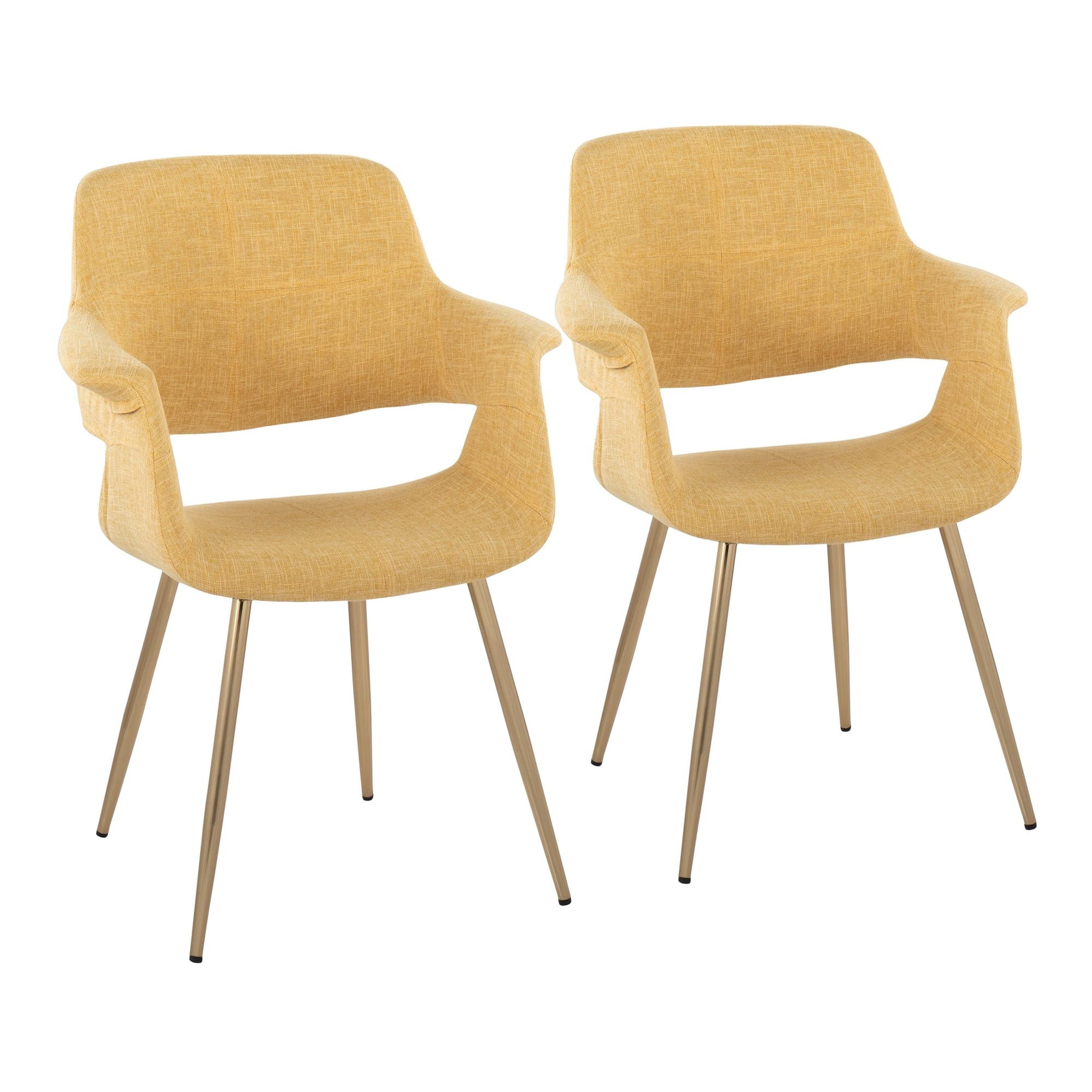 Dining Chair Set of 2, Yellow Fabric Upholstered Cushioned Seat and Backrest with Gold Finish Metal Legs, Art Deco Glam Style Seating for Living Room, Dining Room or Office