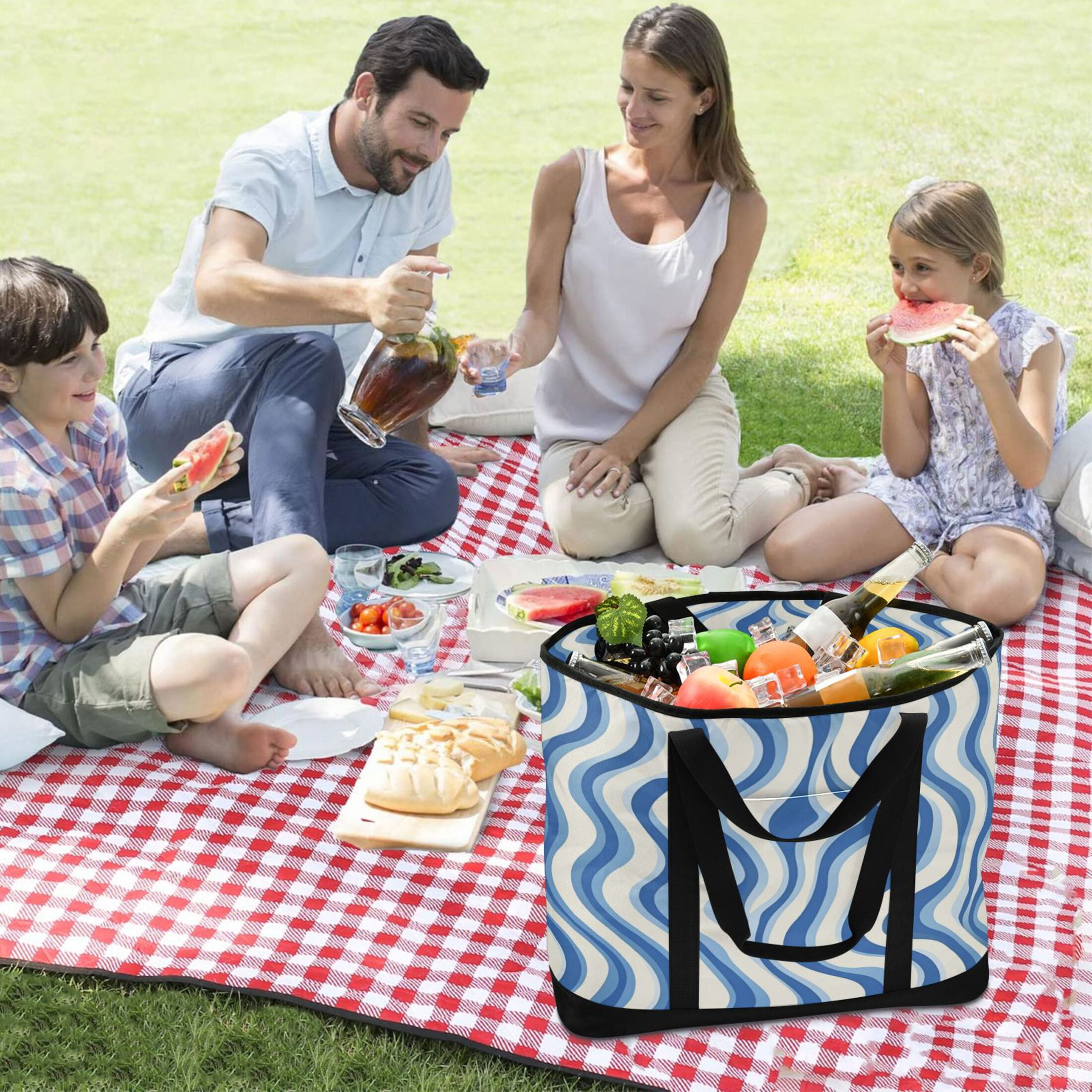 Large Hand-held Ice Pack Picnic Bag Insulation and Refrigeration Suitable for Shopping Picnics and Camping Super Cute Blue Pattern