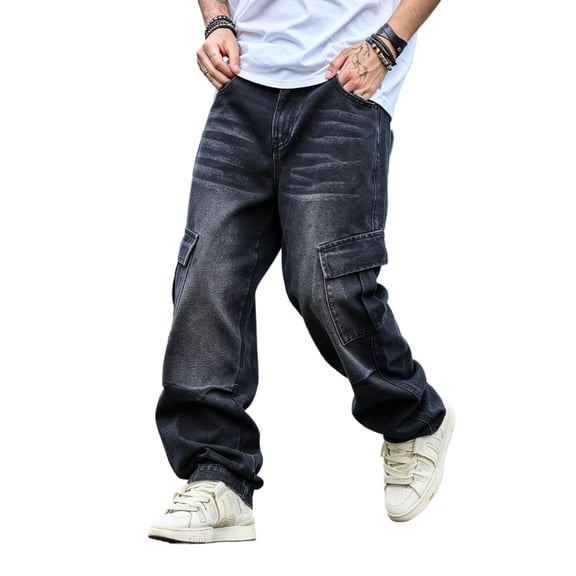 Reppunk Men's Vintage Black Wash Wide Leg Cargo Denim Jeans, Multi-Flap Pocket Loose Straight Stacked Trousers, Business Casual Versatile Office Daily Commute Bottoms