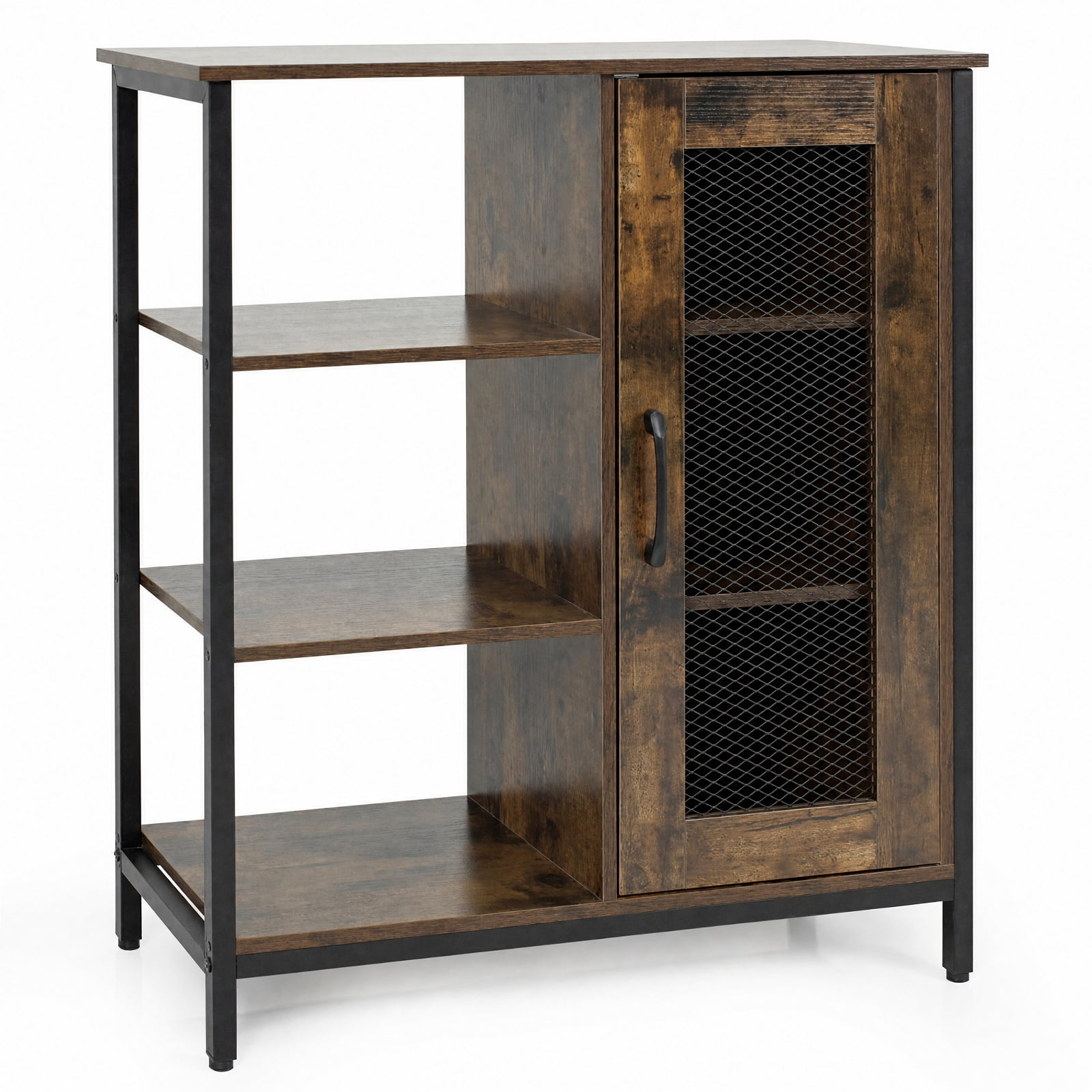 Furnibear Industrial Side Cabinet with Metal Mesh Door and 3 Open Shelves Narrow Storage Buffet Sideboard for Kitchen and Living Room, Rustic Brown