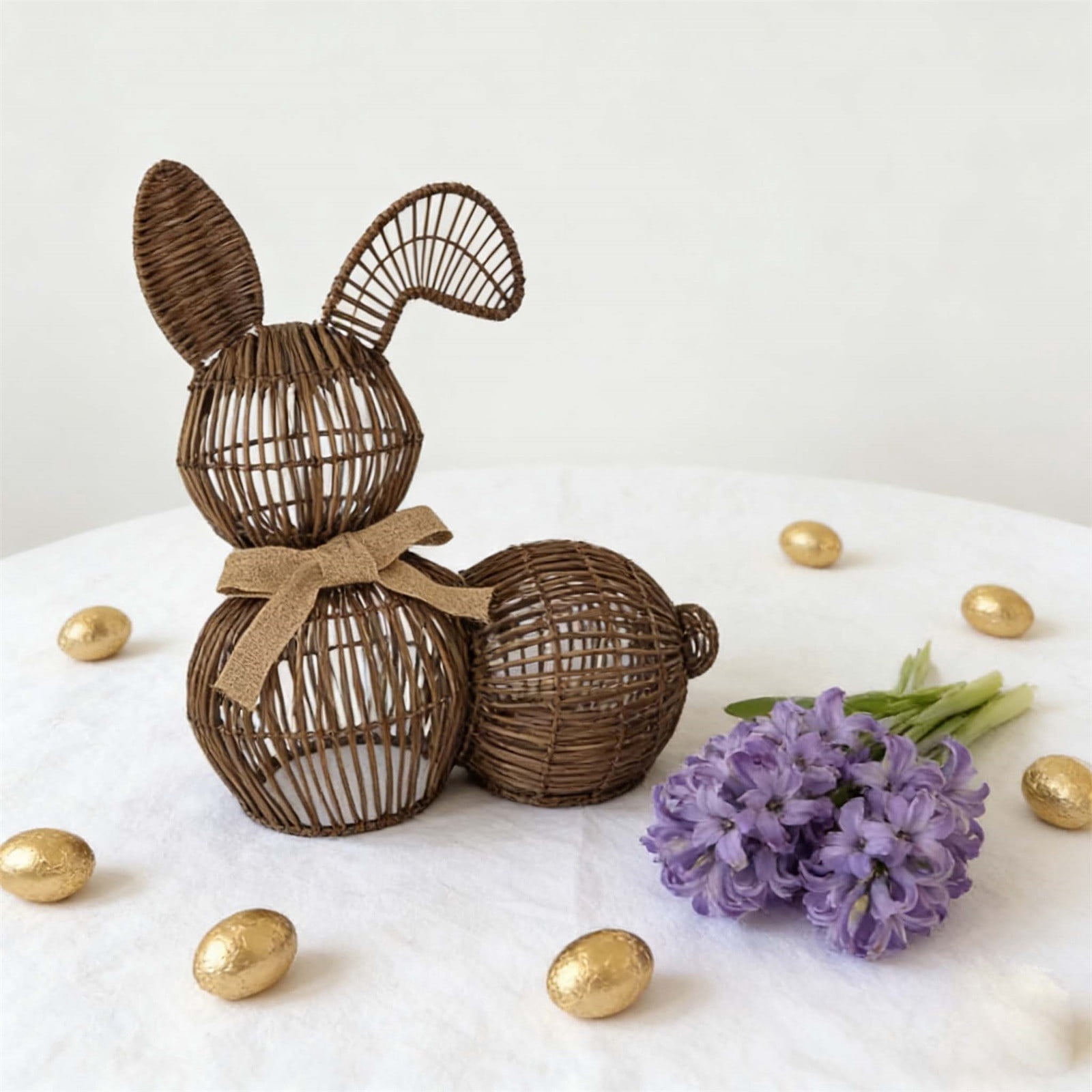 Easter Decorations Handmade Wooden Bunny, Natural Rattan Hand-Woven Easter Basket for Egg Hunt, Rustic Spring Table Centerpiece for Home, 1 Count