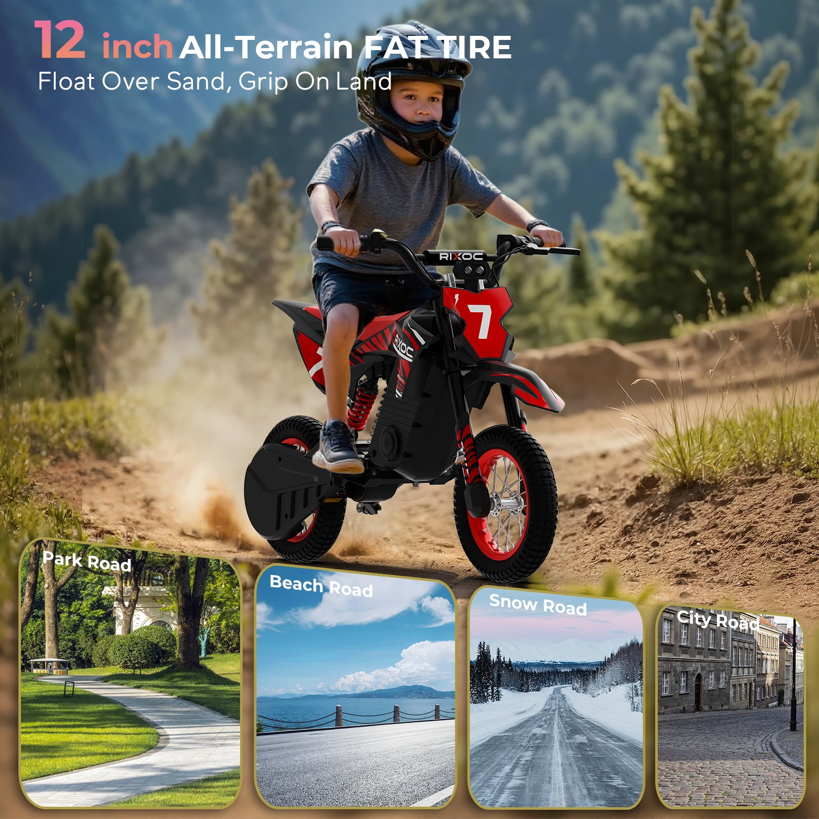 RIXOC DK-12 Electric Dirt Bike,3 Speed Modes up to 15.5 mph, 36V 5.2Ah Peak 700W Max 14Miles Electric Motorcycle for Kids Ages 3-10 UL2272