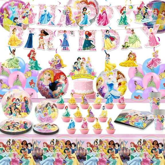 Princess Birthday Party Decorations, Princess Party Supplies Includes Banners, Balloons, Paper Plates, Napkins, Paper Cups, Hanging Swirls, Tablecloth for Birthday Party