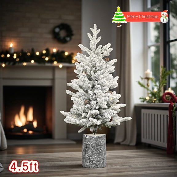 Tcbosik 4.5ft Prelit Christmas Tree with 150 Warm White LED Lights for Indoor Holiday Decoration, Small Xmas Tree with 19 Pine Cones and 720 Branch Tips, Includes Pot Base, White Green