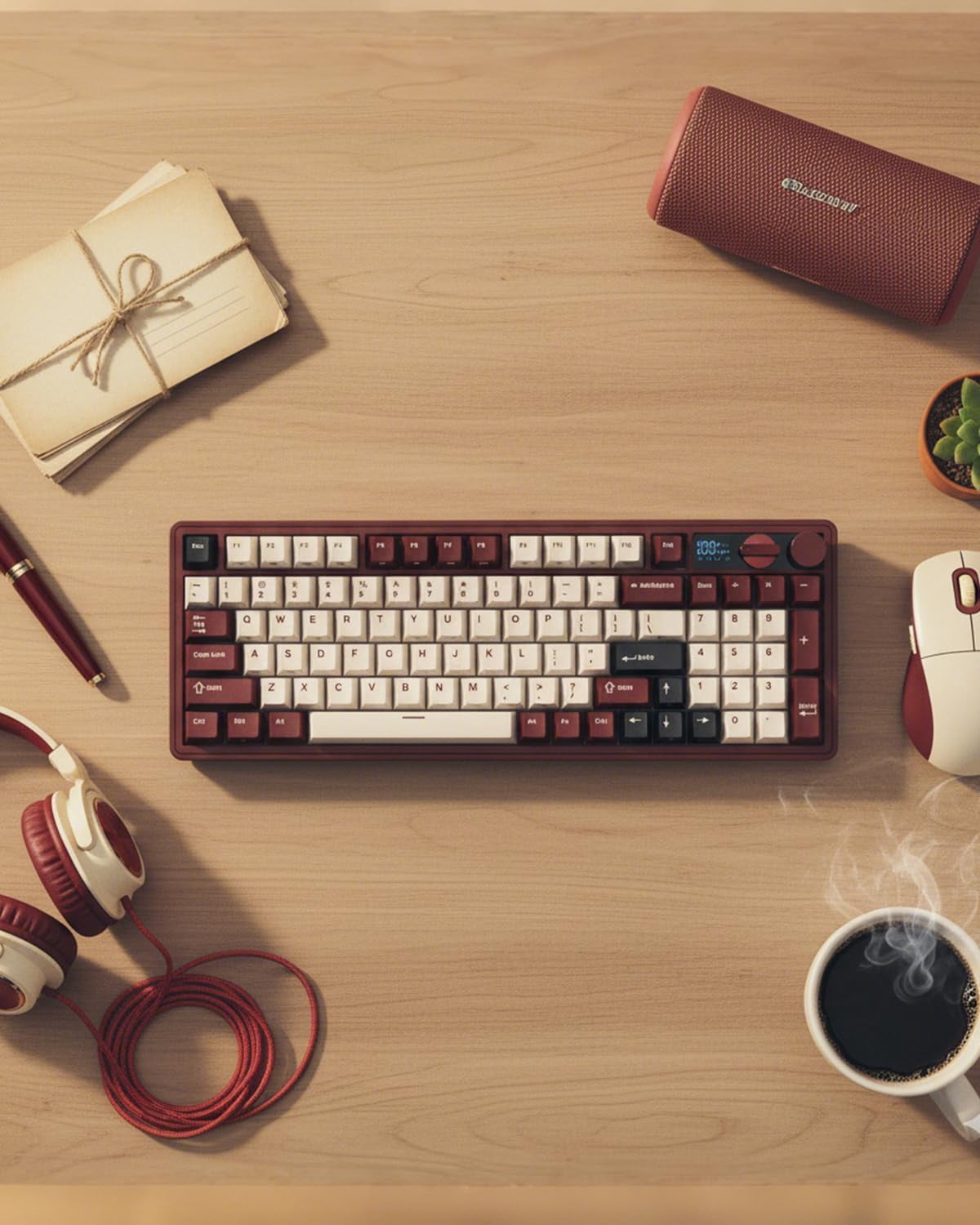 RK ROYAL KLUDGE M100 Tri-Mode Wireless Mechanical Keyboard with Screen, Dual Knobs, Gasket Mount, RGB Backlit, Hot-Swappable Cream Switches, Full-Size with Number Pad, Dark Red