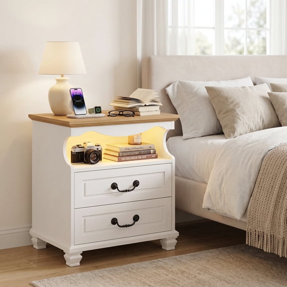 LIKIMIO Farmhouse 2 Drawers Nightstand with Charging Station, LED Lights,Wood Modern Beside Tables for Bedroom and Living Room, White