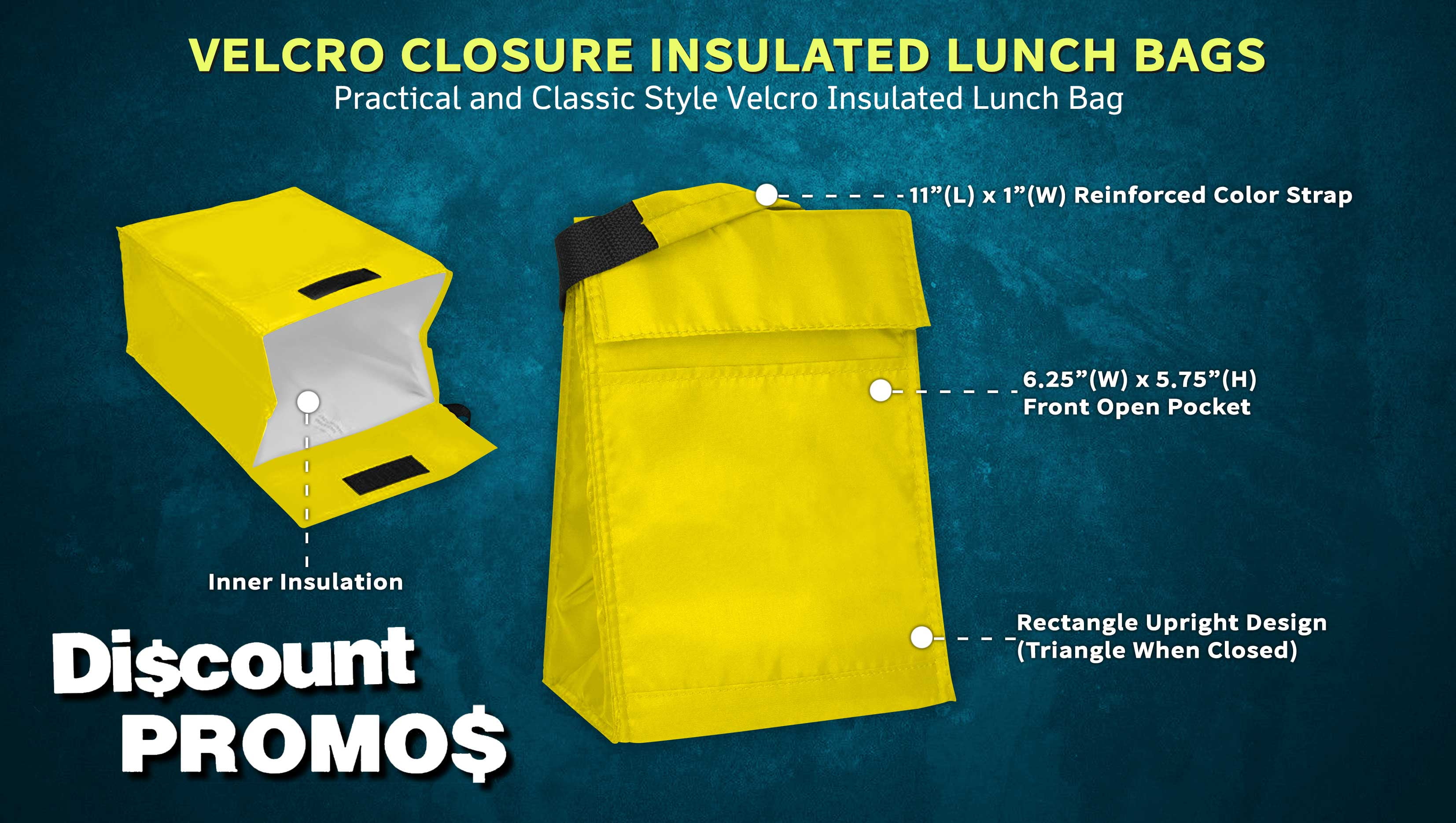 10 Hook and Loop Insulated Lunch Bags Set - Polyester, Durable, Vibrant, Reusable - Yellow