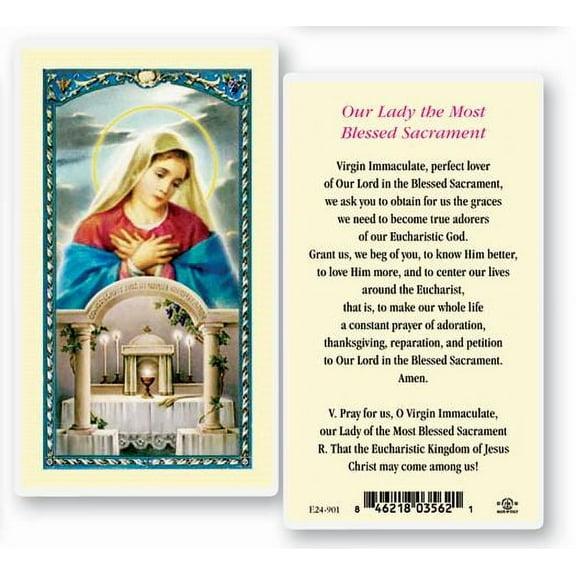 Our Lady of the Blessed Sacrament Laminated Catholic Prayer Holy Card with Prayer on Back, Pack of 25