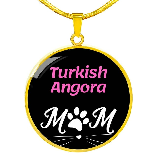 Turkish Angora Cat Mom Necklace Circle Pendant Stainless Steel or 18k Gold 18-22"