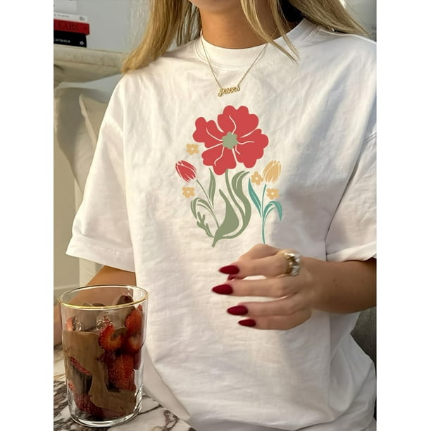 Retro Chic, Vintage-Inspired Geometric Print T-Shirt for Women - Casual Crew Neck, Short Sleeve, Polyester Blend, Machine Washable - Perfect for Summer