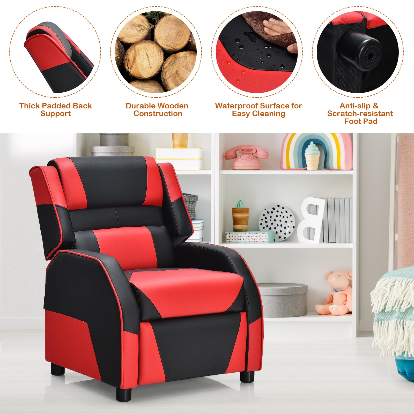 Infans Kids Youth Gaming Sofa Recliner w/Headrest & Footrest PU Leather Red