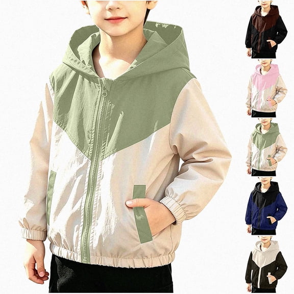Afuyipoi Boys Lightweight Jacket (1-9) Color-Block Zippered Hooded Spring Fall Outerwear Green Size 3T