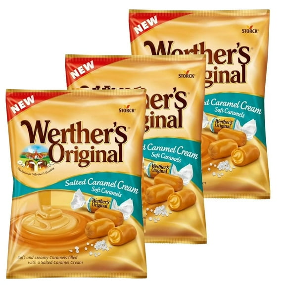 Werther’s Original Salted Caramel Crème Soft Caramels Candy, 3 Pack, 2.22 oz Bags – Creamy Filled Caramels