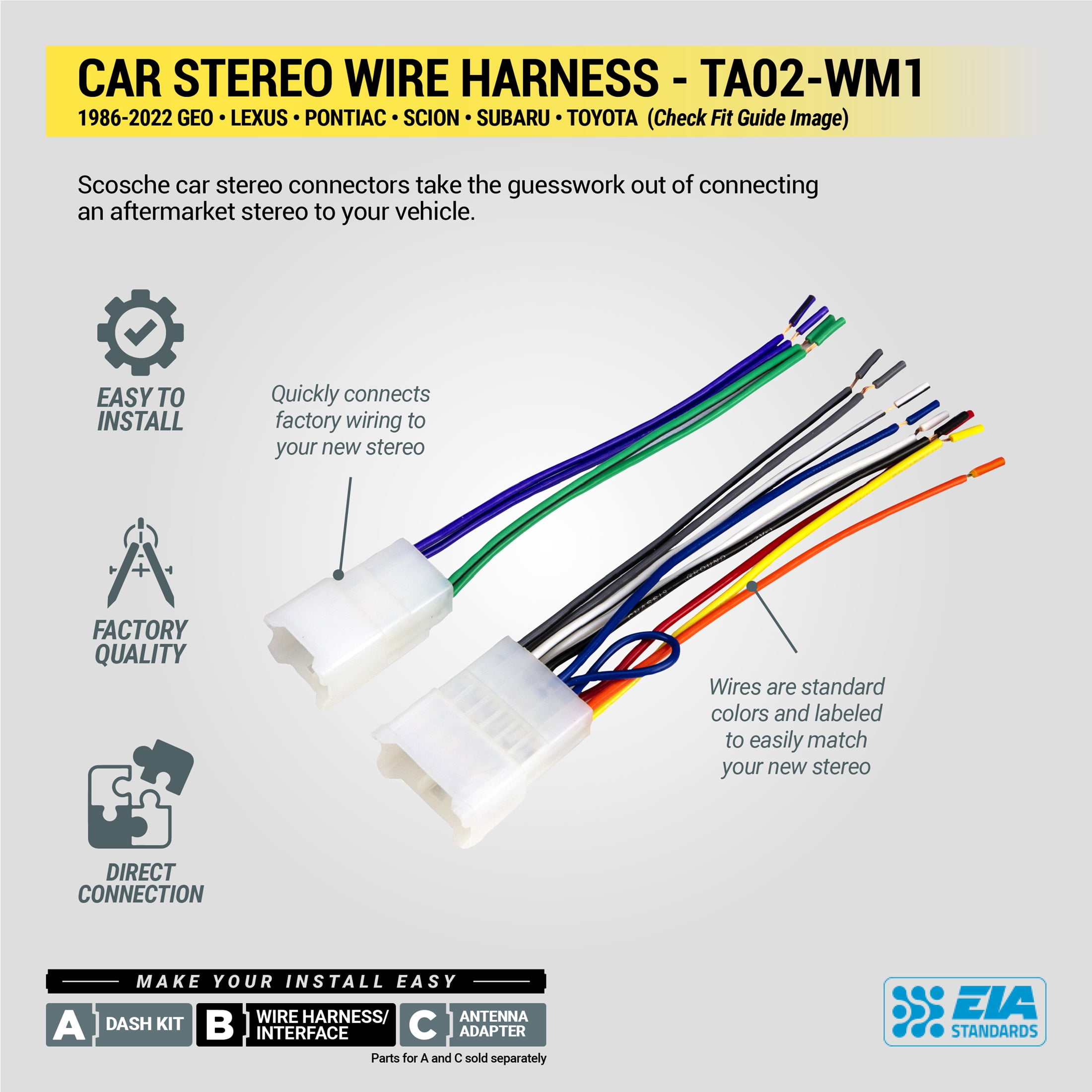 Scosche Wiring Harness Compatible w/ Select 1987-2021 Lexus, Scion, Subaru & Toyota TA02-WM1