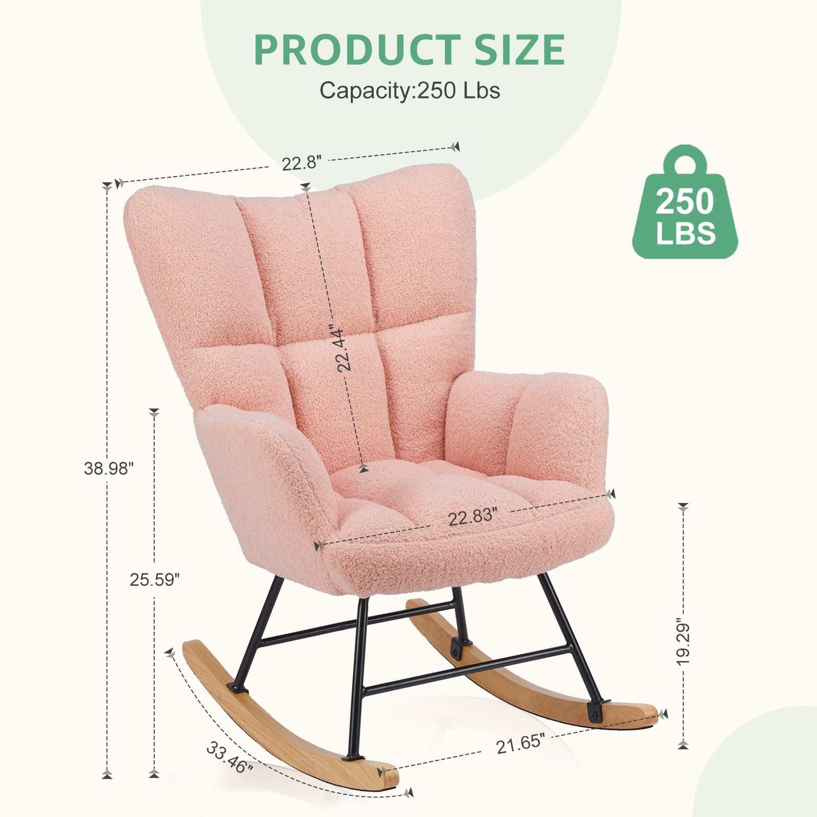 CONCETTA Rocking Chair, High Backrest, Padded Seat Glider for Living Rooms, Bedrooms, Offices, Pink