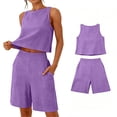 thumbnail image 5 of PRINxy Women's Casual 2 Piece Set Sleeveless Round Neck Linen Crop Top High Waist Bermuda Shorts with Side Pockets Summer Daily Outfit Purple S, 5 of 6