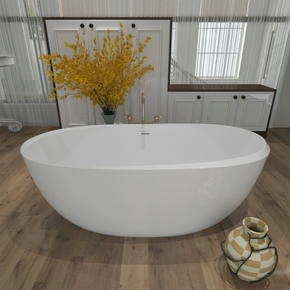 SOTUBX Free Standing Tub 67" Deep Soaking Bath Tub Contemporary Acrylic Freestanding Bathtub with Overflow and Pop-up Anti-blockage Drain A10 Stand Alone Bathtub Glossy White Soaker Tub