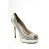 Pre-owned|Jimmy Choo Womens Glitter Platform Stiletto Heel Peep Toe Pumps Silver Size 6.5