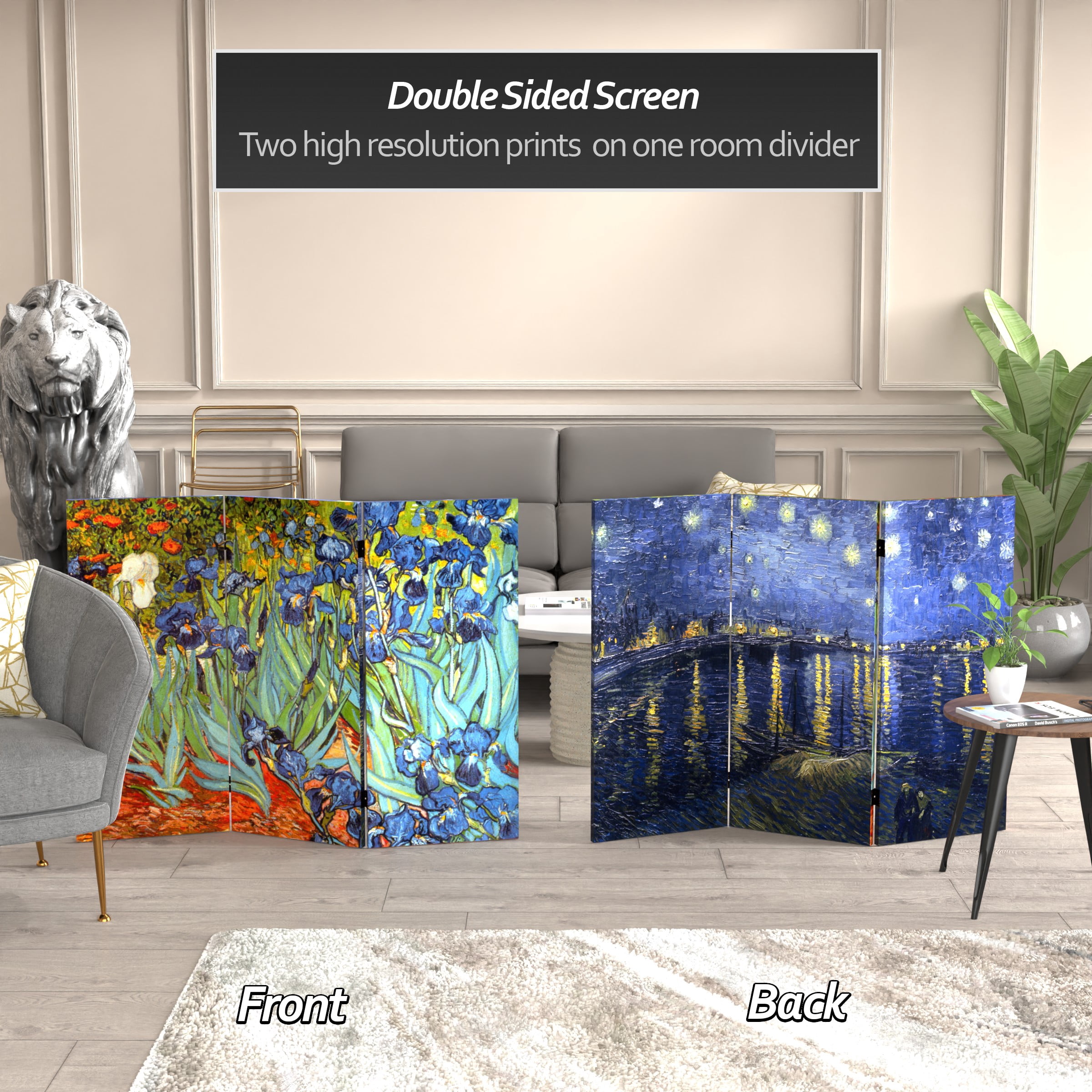 Red Lantern 3 ft. Short Double Sided Works of Van Gogh Canvas Folding Screen - Irises/Starry Night Over Rhone