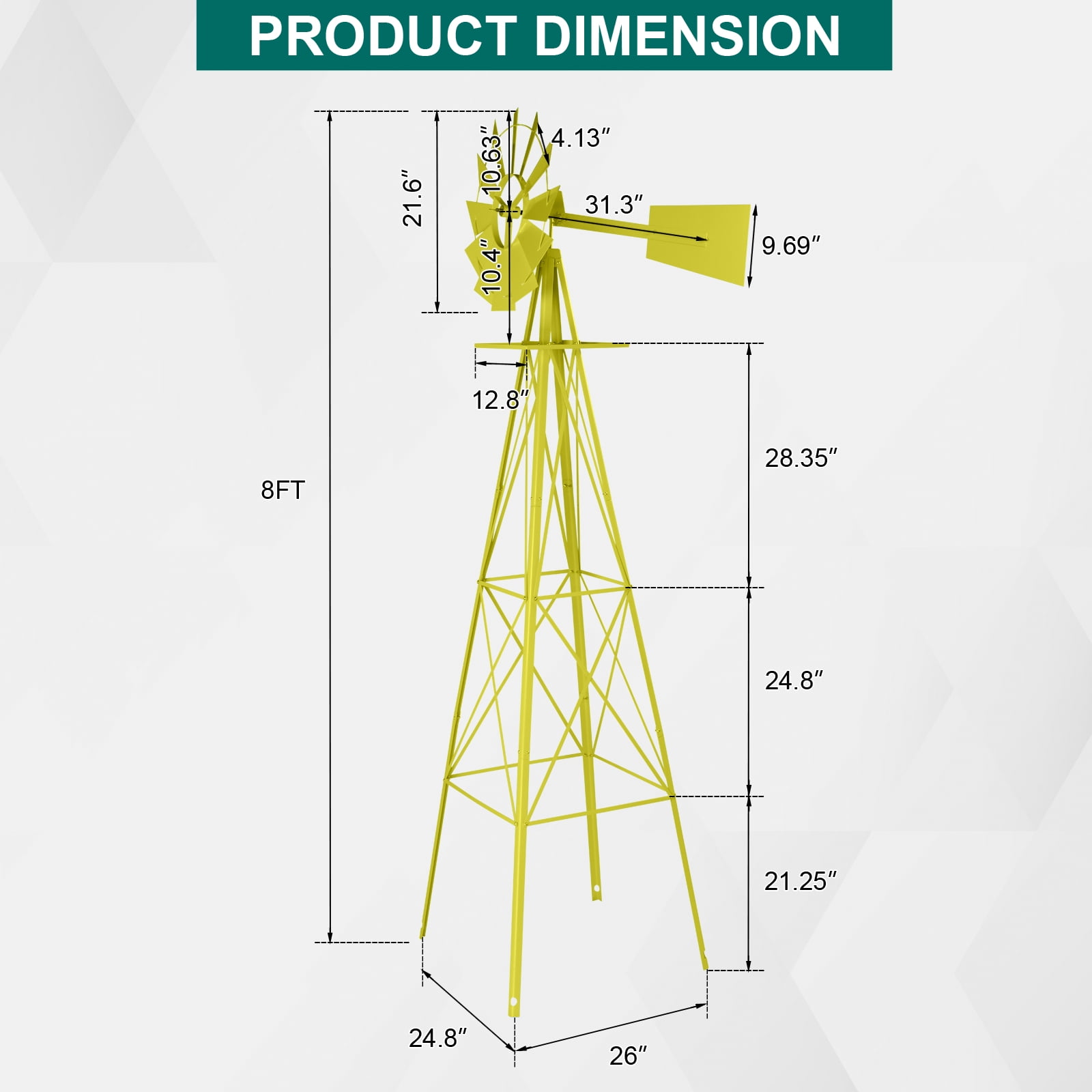 8FT Weather Resistant Yard Garden Windmill Weather Resistant, Ball Bearing for Quiet Operation, for Lawn,Garden, Yellow