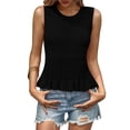 thumbnail image 6 of BiZtdJrK Womens Crew Neck Tank Tops Sleeveless Ruffle Hem Tanks Solid Color Pullover Blouse Black S, 6 of 6