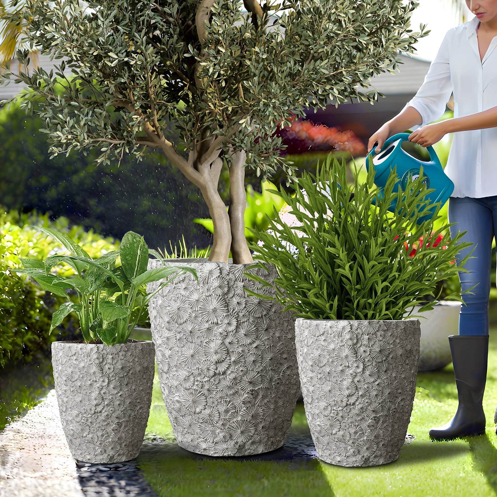 Large Concrete Planters Set of 3, Big Round Outdoor Indoor Garden Pots with Drainage Hole & Rubber Plug, 18/13/9 Inch Diameter ( (SH001)