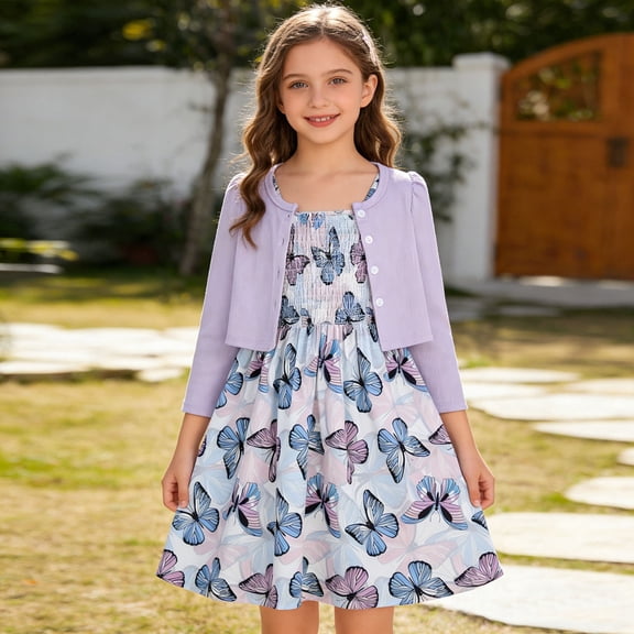 MAIHAN Spring Dresses for Girls Floral Print Sleeveless Dress with Solid Cardigan Two Piece Outfit Butterfly Flower Pattern Princess Style Kids Casual Set(Purple,5-6 Years)